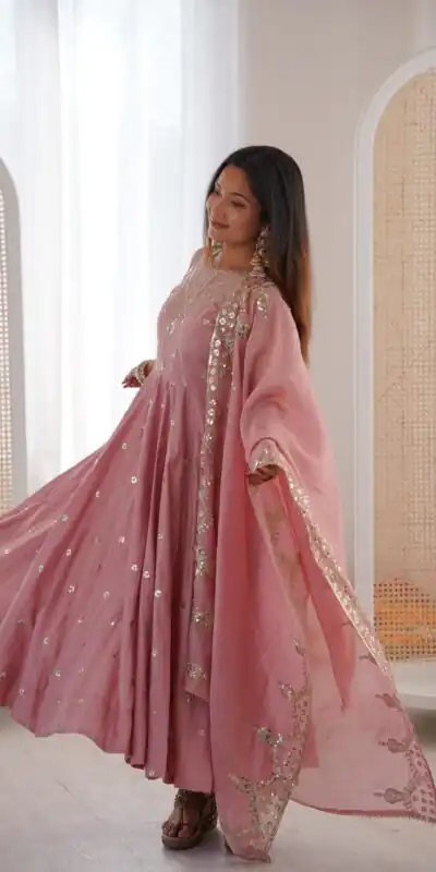 JF 038 Pink Roman Silk Gown with Embroidery Work. Wedding, Party, Festive, Events, Navratri, Exclusive Offer ₹2149. Delivery 4-6 Working Days. Shop now. | Gowns, Bollywood Gowns, Creative Gowns, Designer Gowns, Embroidered Gowns, Party Wear Gowns