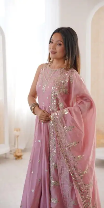 JF 038 Pink Roman Silk Gown with Embroidery Work. Wedding, Party, Festive, Events, Navratri, Exclusive Offer ₹2149. Delivery 4-6 Working Days. Shop now. | Gowns, Bollywood Gowns, Creative Gowns, Designer Gowns, Embroidered Gowns, Party Wear Gowns