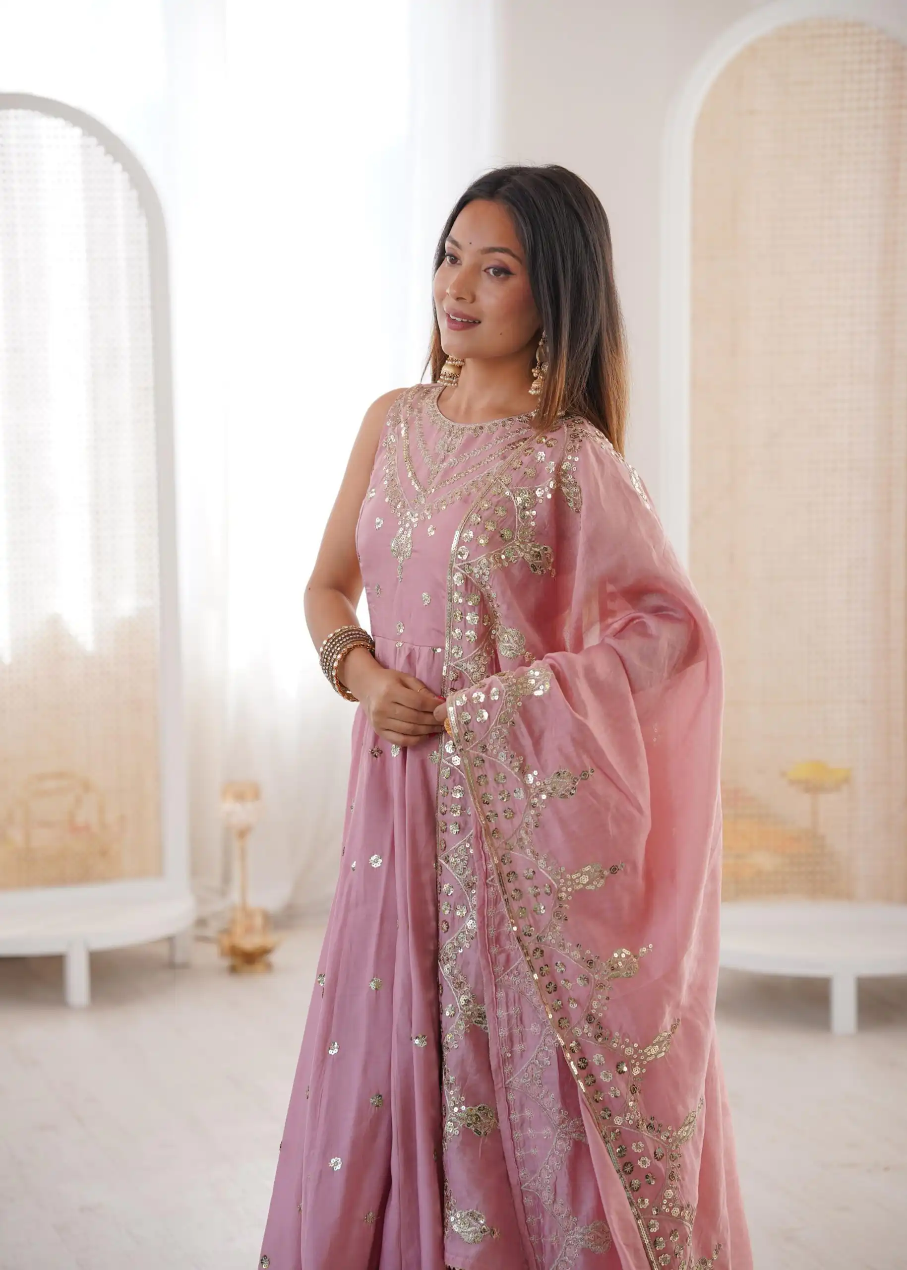 JF 038 Pink Roman Silk Gown with Embroidery Work. Wedding, Party, Festive, Events, Navratri, Exclusive Offer ₹2149. Delivery 4-6 Working Days. Shop now. | Gowns, Bollywood Gowns, Creative Gowns, Designer Gowns, Embroidered Gowns, Party Wear Gowns