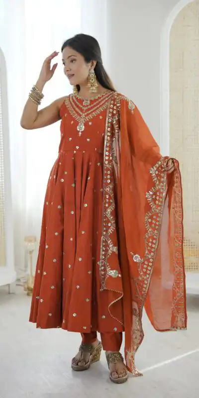 JF 038 Rust Roman Silk Gown with Embroidery Work. Wedding, Party, Festive, Events, Navratri, Exclusive Offer ₹2149. Delivery 4-6 Working Days. Shop now. | Gowns, Bollywood Gowns, Creative Gowns, Designer Gowns, Embroidered Gowns, Party Wear Gowns