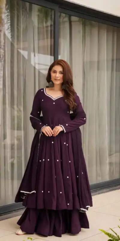 MD 3077 Dark Purple Roman Silk Anarkali Suit. Perfect for Wedding, Party, Lohri, Holi, Baisakhi – Festive Deal ₹2449. Delivery 4-6 Working Days. | Anarkali Suits, Bollywood Anarkali, Creative-Anarkali, Designer Anarkali, Embroidered Anarkali, Party Wear Anarkali
