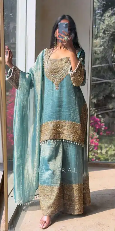 SR 1705 Firozi Fendy Silk Salwar Suit Perfect for Wedding, Party, Cultural Events, Sangeet, Housewarming â . Grab it for âš2449. Delivery 4-6 Working Da | Jump Suits, Salwar suit, Designer Suits, Casual Suits, Creative suits, Palazzo Suits, Party Wear Suits, Patiala Suits, Straight Suits
