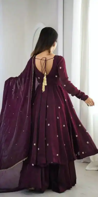 ZF 5019 Wine Crunchy Silk Gown with Embroidery Work. Wedding, Party, Festive, Events Best Price ₹2149. Delivery 4-6 Working Days. Shop now. | Gowns, Bollywood Gowns, Creative Gowns, Designer Gowns, Embroidered Gowns, Party Wear Gowns