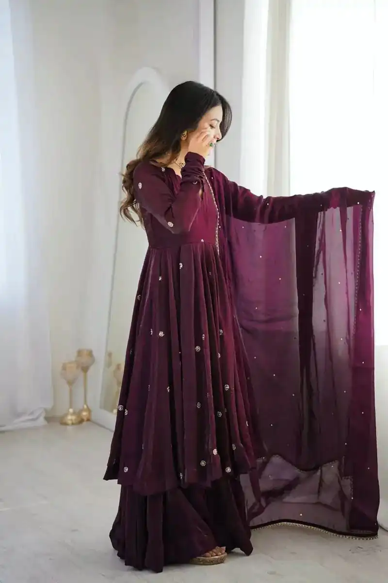 ZF 5019 Wine Crunchy Silk Gown with Embroidery Work. Wedding, Party, Festive, Events Best Price ₹2149. Delivery 4-6 Working Days. Shop now. | Gowns, Bollywood Gowns, Creative Gowns, Designer Gowns, Embroidered Gowns, Party Wear Gowns