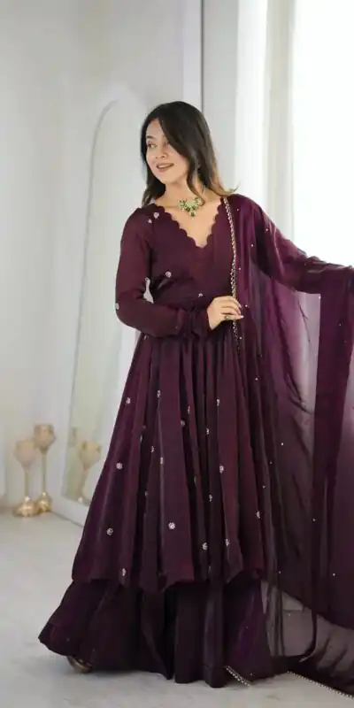 ZF 5019 Wine Crunchy Silk Gown with Embroidery Work. Wedding, Party, Festive, Events Best Price ₹2149. Delivery 4-6 Working Days. Shop now. | Gowns, Bollywood Gowns, Creative Gowns, Designer Gowns, Embroidered Gowns, Party Wear Gowns