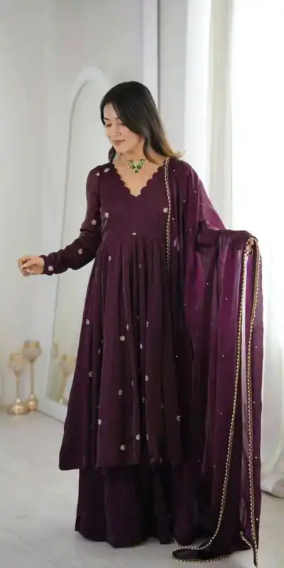 ZF 5019 Wine Crunchy Silk Gown with Embroidery Work. Wedding, Party, Festive, Events Best Price ₹2149. Delivery 4-6 Working Days. Shop now. | Gowns, Bollywood Gowns, Creative Gowns, Designer Gowns, Embroidered Gowns, Party Wear Gowns