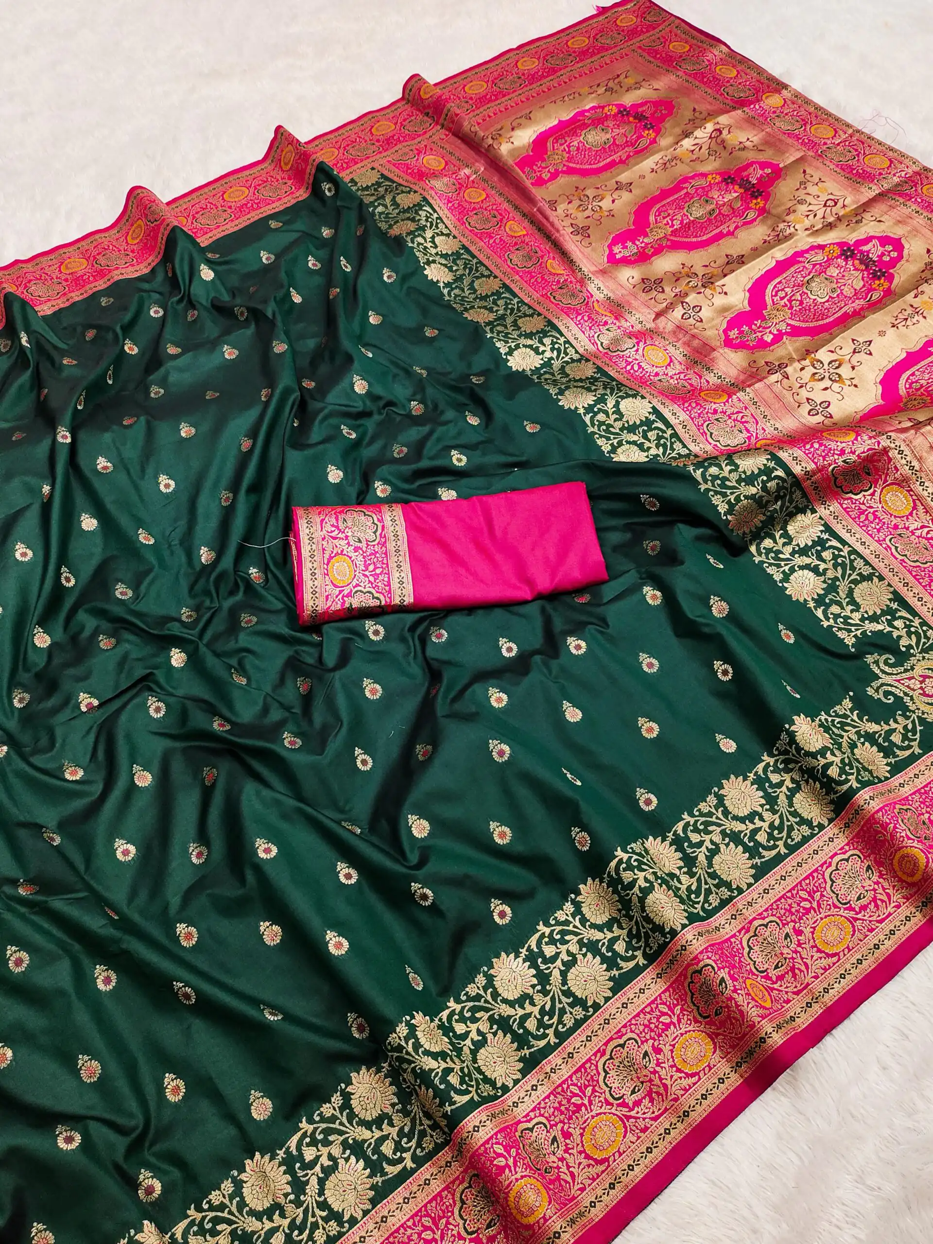 Green Banarasi Silk Gold Zari Border Saree