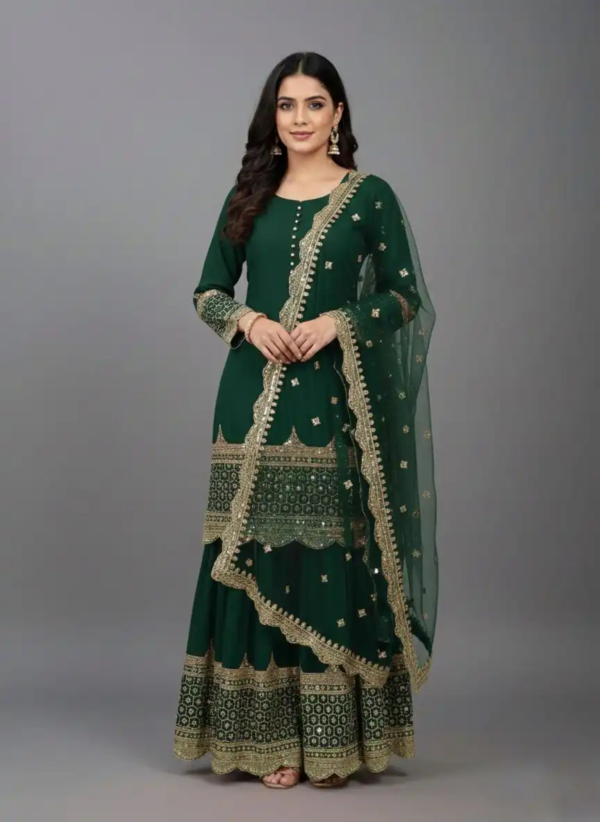 ZF 250 Green Color Faux Georgette Embroidery Sequence Work Sharara Suit Wedding, Party, Festive, Events Etc. Expected Delivery 4-6 Working Days @2099/- | Jump Suits, Salwar suit, Designer Suits, Casual Suits, Creative suits, Palazzo Suits, Party Wear Suits, Patiala Suits, Straight Suits
