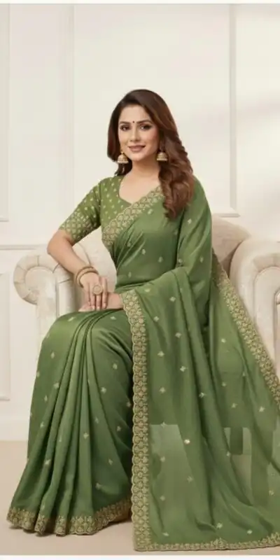 Green Star Georgette Embroidery Work Saree