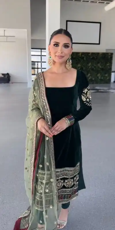 MF 487 Green Color Viscous Velvet Salwar Suit with Embroidery Work. Grab it for ₹2149. Delivery 4-6 Working Days. Shop now. | Jump Suits, Straight Suits, Salwar suit, Designer Suits, Casual Suits, Creative suits, Palazzo Suits, Party Wear Suits, Patiala Suits