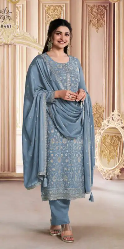 Grey Chinon Zari Embroidery Work Salwar Suit