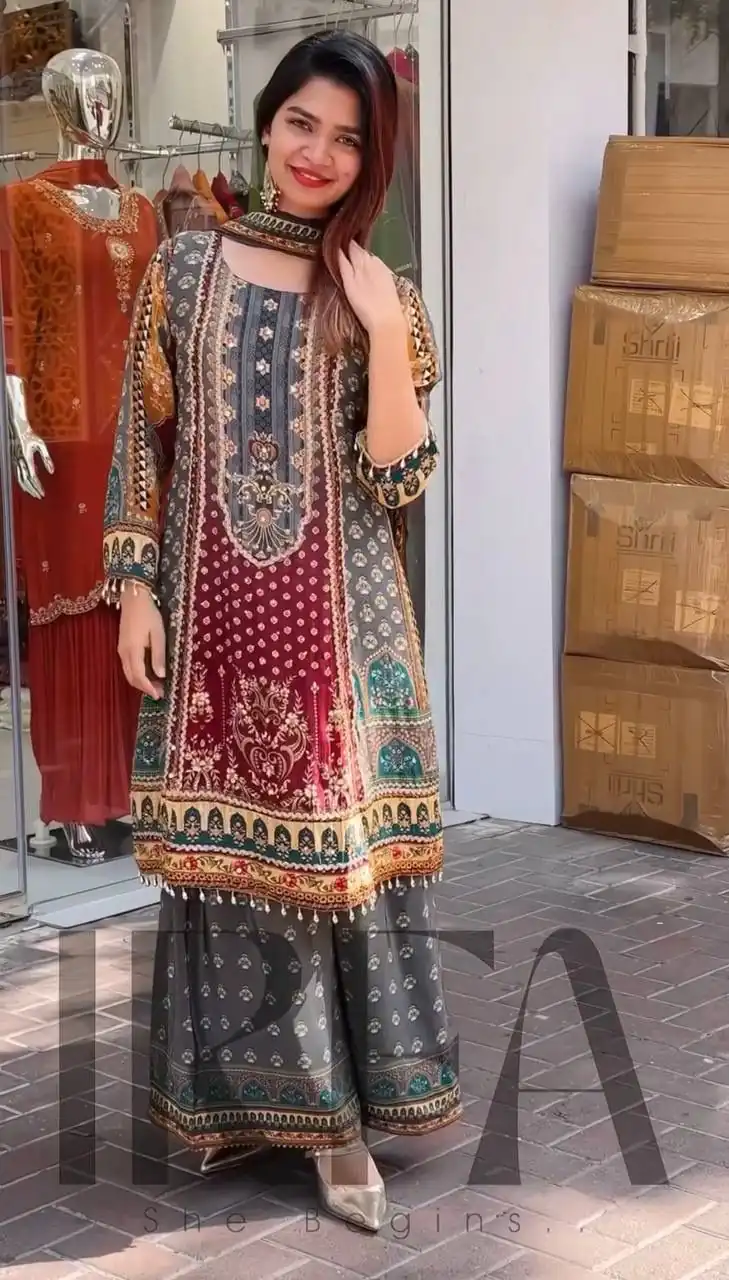 ST 207 Grey Color Georgette Salwar Suit with Embroidery Work. Introductory Price ₹1949. Delivery 4-6 Working Days. Shop now. | Jump Suits, Straight Suits, Salwar suit, Designer Suits, Casual Suits, Creative suits, Palazzo Suits, Party Wear Suits, Patiala Suits
