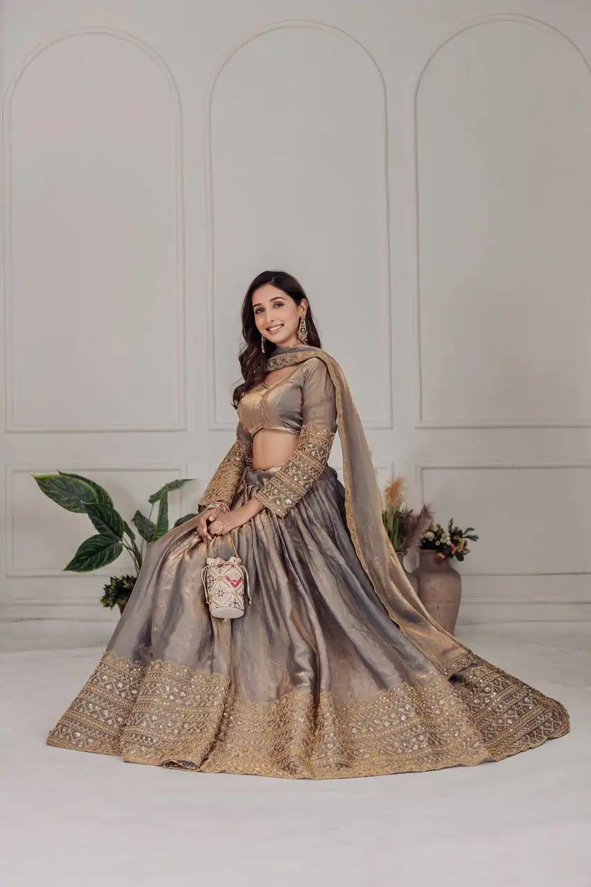 MT 1039 Grey Fendi Chiffon Lehenga Choli with Zari Work & Embroidery Work. Introductory Price ₹2599. Delivery 4-6 Working Days. Shop now. | Lehenga, Bollywood Lehenga, Creative Lehenga, Designer Lehenga, Embroidered Lehenga, Party Wear Lehenga