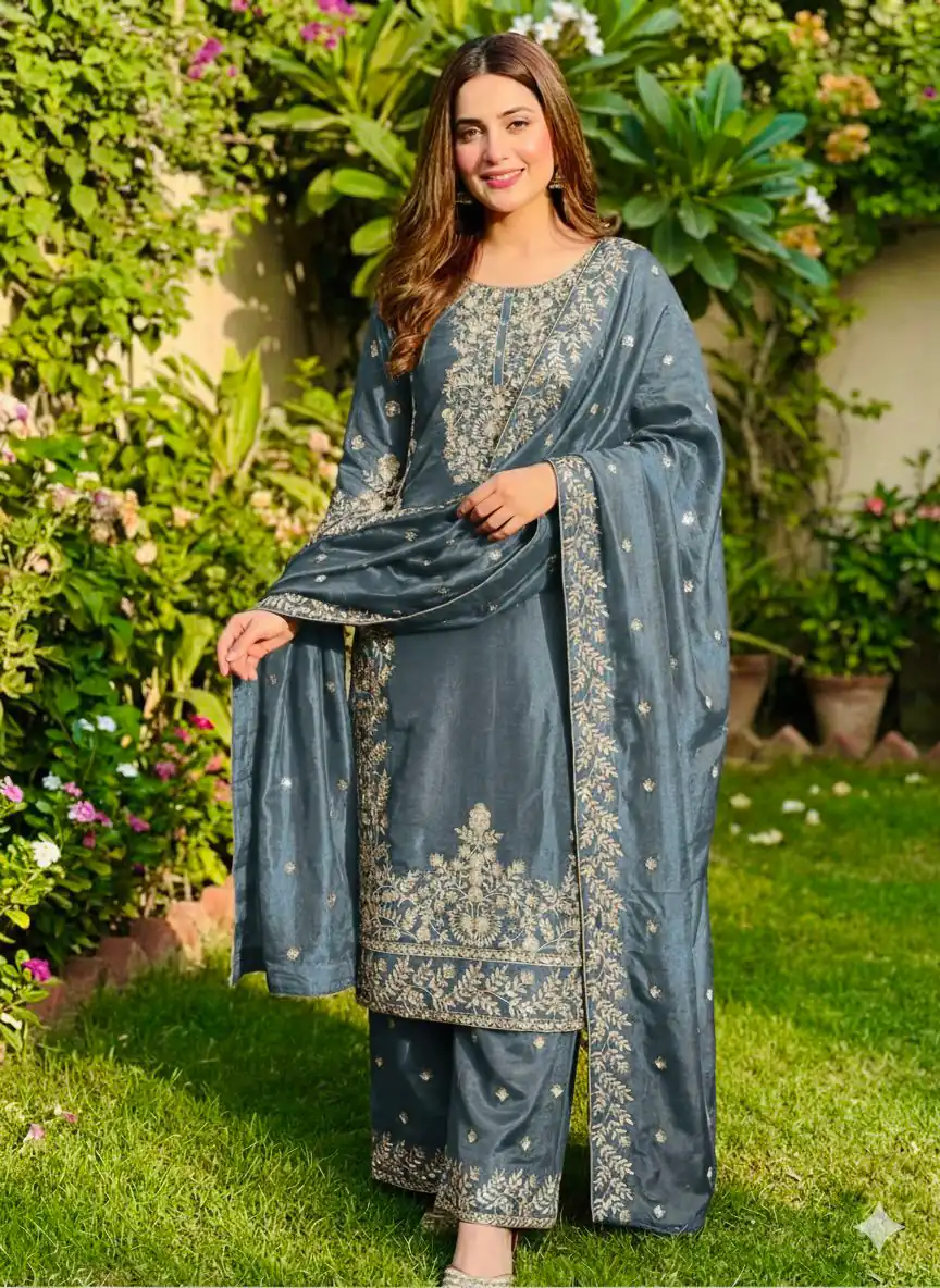 SRK 5316 Grey Organza Silk Salwar Suit Perfect for Wedding, Party, Makar Sankranti, Eid, Durga Puja – . Affordable Price ₹2149. Delivery 4-6 Workin | Jump Suits, Straight Suits, Salwar suit, Designer Suits, Casual Suits, Creative suits, Palazzo Suits, Party Wear Suits, Patiala Suits