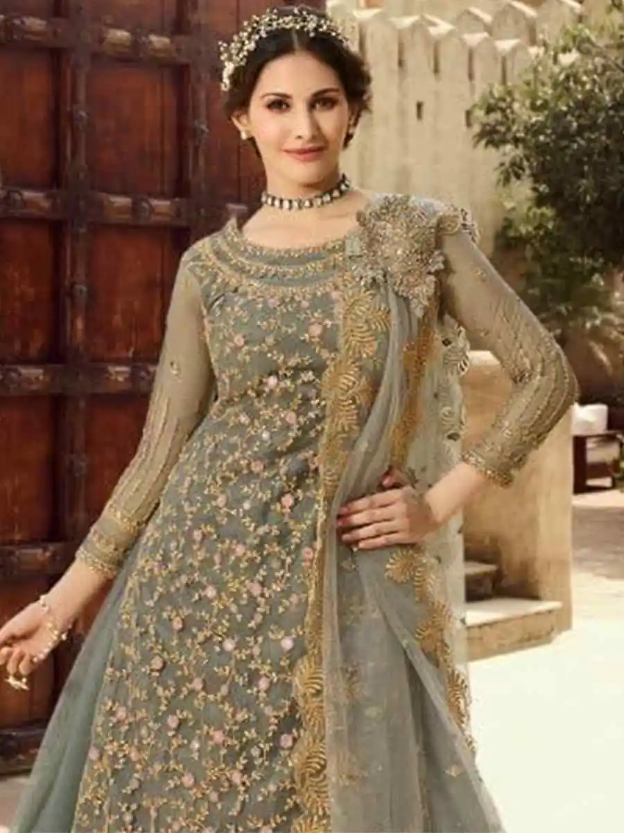 Grey Soft Net With Embroidery Work Salwar Suit - Image 2