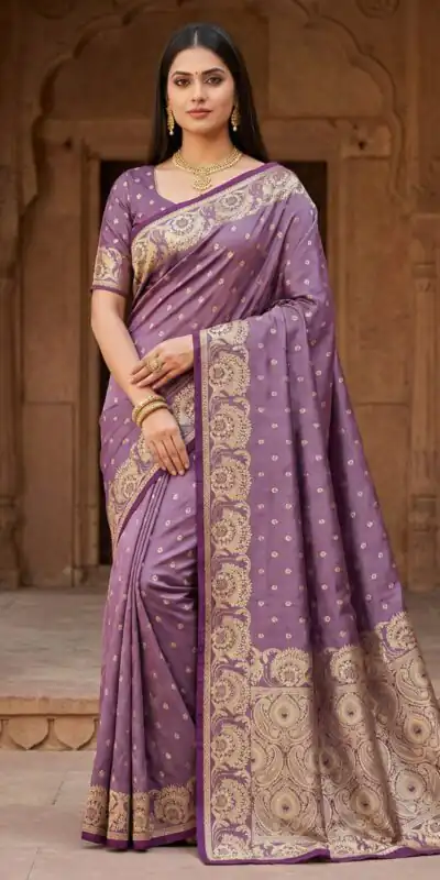 Lavender Satin Silk Zari Woven Lace Work Saree