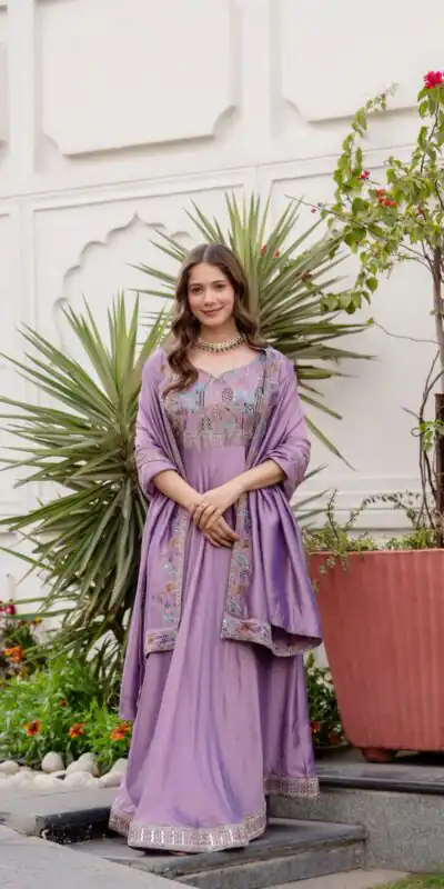 RR 39 Rust Lavender Silk Gown Perfect for Wedding, Party, Holi, Anniversary, Mehendi –. Grab it for ₹2149. Delivery 4-6 Working Days. Shop now. | Gowns, Bollywood Gowns, Creative Gowns, Designer Gowns, Embroidered Gowns, Party Wear Gowns