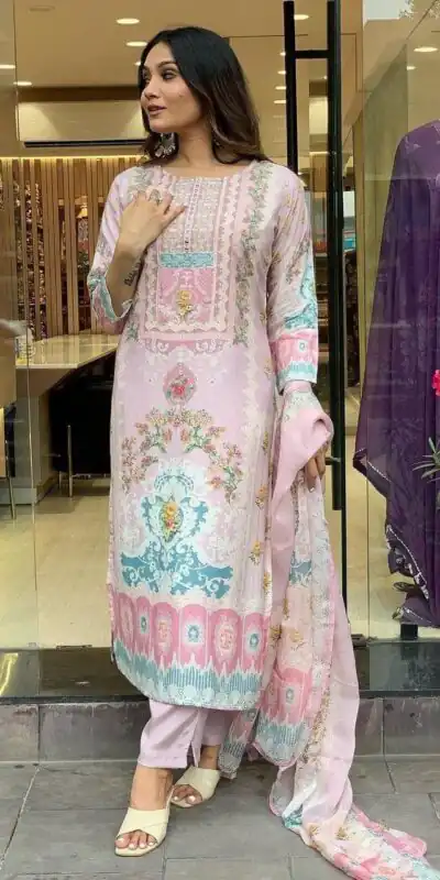 DC G22 Light Pink in Maslin Digital Print Salwar Suit . Wedding, Party, Festive, Events, Introductory Price ₹1749. Delivery 4-6 Working Days. Shop now. | Jump Suits, Straight Suits, Salwar suit, Designer Suits, Casual Suits, Creative suits, Palazzo Suits, Party Wear Suits, Patiala Suits