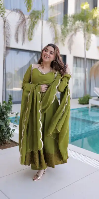 KA 1237 Mehendi Mul Chanderi Anarkali Suit with Embroidery Work & Mirror Work. Grab it for âš2449. Delivery 4-6 Working Days. Shop now. | Anarkali Suits, Bollywood Anarkali, Creative-Anarkali, Designer Anarkali, Embroidered Anarkali, Party Wear Anarkali