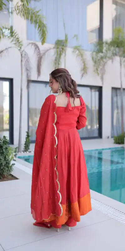 KA 1237 Red Mul Chanderi Anarkali Suit with Embroidery Work & Mirror Work. Grab it for ₹2449. Delivery 4-6 Working Days. Shop now. | Anarkali Suits, Bollywood Anarkali, Creative-Anarkali, Designer Anarkali, Embroidered Anarkali, Party Wear Anarkali