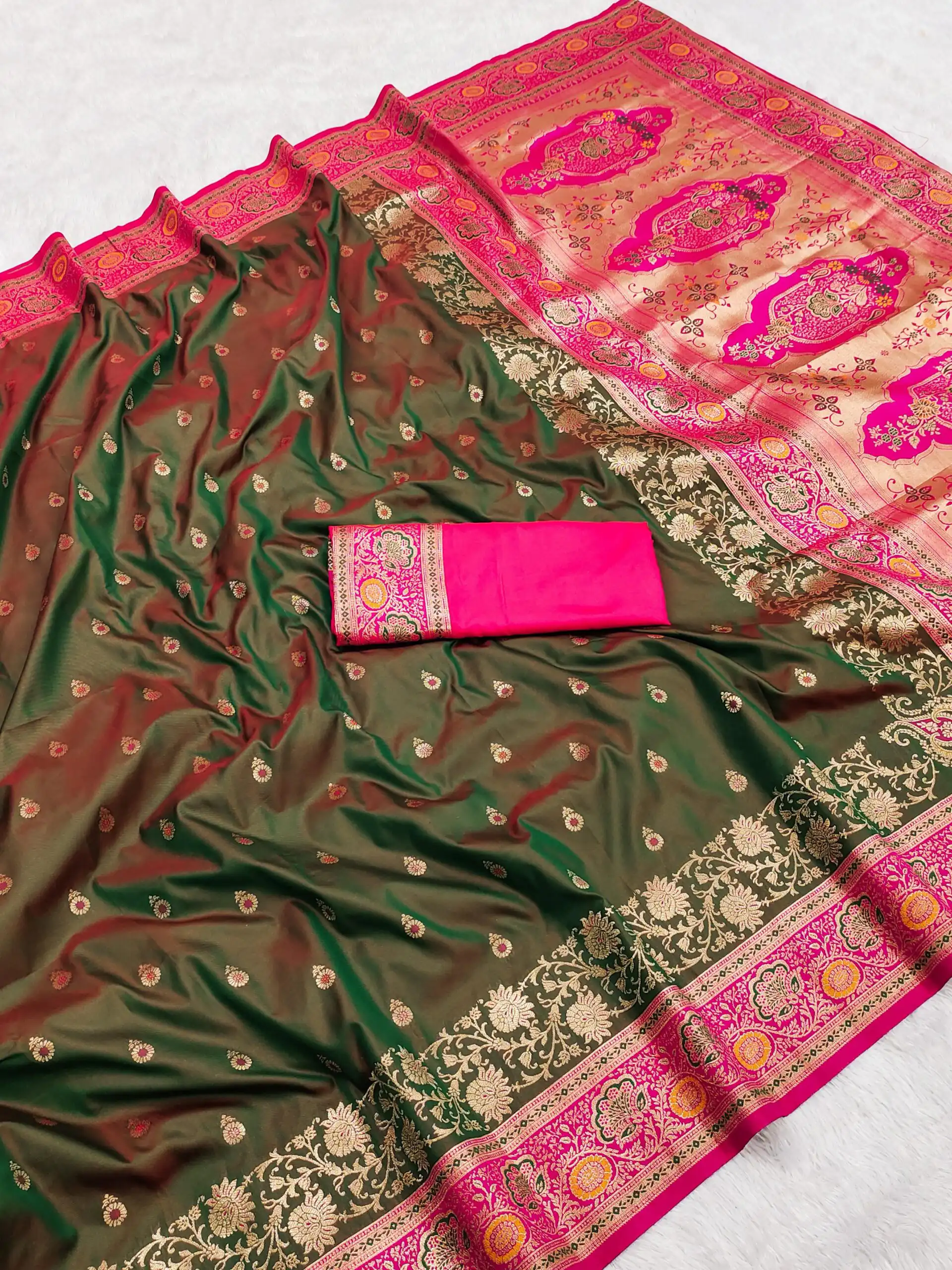 Mahendi Banarasi Silk Gold Zari Border Saree