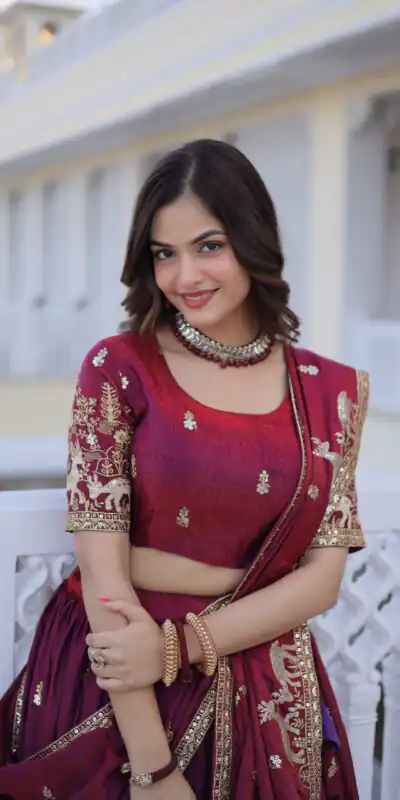 KA 5067 Maroon in Fendi Silk Embroidery Work & Zari Work Lehenga Choli . Affordable Price ₹3049. Delivery 4-6 Working Days. Shop now. | Lehenga, Bollywood Lehenga, Creative Lehenga, Designer Lehenga, Embroidered Lehenga, Party Wear Lehenga