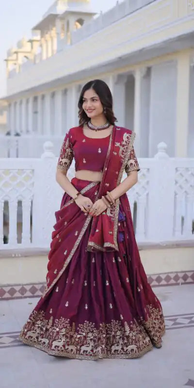 KA 5067 Maroon in Fendi Silk Embroidery Work & Zari Work Lehenga Choli . Affordable Price ₹3049. Delivery 4-6 Working Days. Shop now. | Lehenga, Bollywood Lehenga, Creative Lehenga, Designer Lehenga, Embroidered Lehenga, Party Wear Lehenga