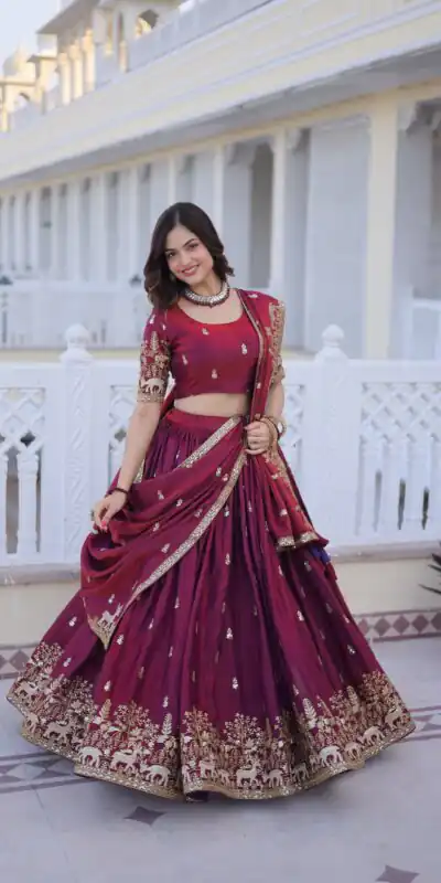 KA 5067 Maroon in Fendi Silk Embroidery Work & Zari Work Lehenga Choli . Affordable Price ₹3049. Delivery 4-6 Working Days. Shop now. | Lehenga, Bollywood Lehenga, Creative Lehenga, Designer Lehenga, Embroidered Lehenga, Party Wear Lehenga