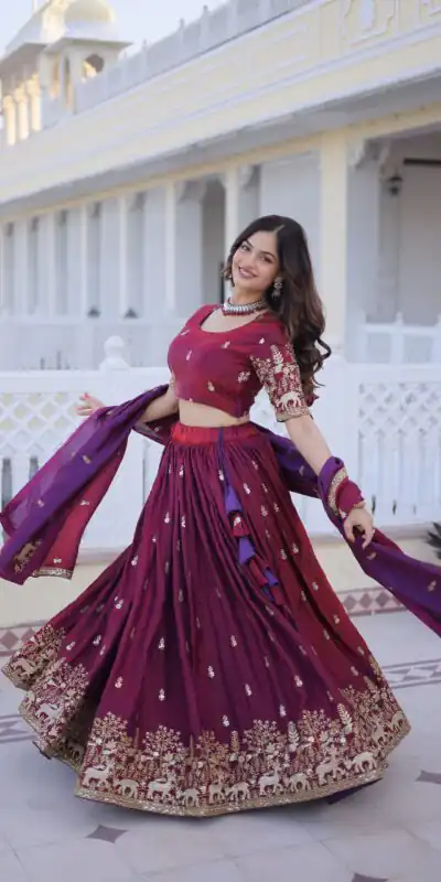 KA 5067 Maroon in Fendi Silk Embroidery Work & Zari Work Lehenga Choli . Affordable Price ₹3049. Delivery 4-6 Working Days. Shop now. | Lehenga, Bollywood Lehenga, Creative Lehenga, Designer Lehenga, Embroidered Lehenga, Party Wear Lehenga