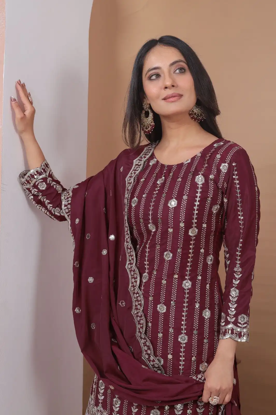 FE 126 Maroon Color Natural Crap Salwar Suit with Embroidery Work. Special Price ₹2399. Delivery 4-6 Working Days. Shop now. | Jump Suits, Straight Suits, Salwar suit, Designer Suits, Casual Suits, Creative suits, Palazzo Suits, Party Wear Suits, Patiala Suits