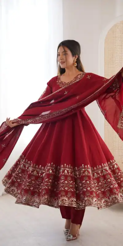 ZF 5016 Maroon Roman Silk Gown with Embroidery Work. Wedding, Party, Festive, Events, Navratri, Exclusive Offer ₹2499. Delivery 4-6 Working Days. Shop now. | Gowns, Bollywood Gowns, Creative Gowns, Designer Gowns, Embroidered Gowns, Party Wear Gowns