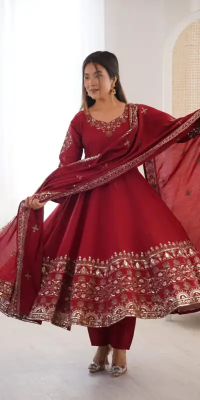 ZF 5016 Maroon Roman Silk Gown with Embroidery Work. Wedding, Party, Festive, Events, Navratri, Exclusive Offer ₹2499. Delivery 4-6 Working Days. Shop now. | Gowns, Bollywood Gowns, Creative Gowns, Designer Gowns, Embroidered Gowns, Party Wear Gowns