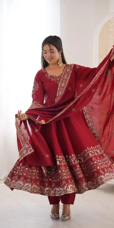 ZF 5016 Maroon Roman Silk Gown with Embroidery Work. Wedding, Party, Festive, Events, Navratri, Exclusive Offer ₹2499. Delivery 4-6 Working Days. Shop now. | Gowns, Bollywood Gowns, Creative Gowns, Designer Gowns, Embroidered Gowns, Party Wear Gowns