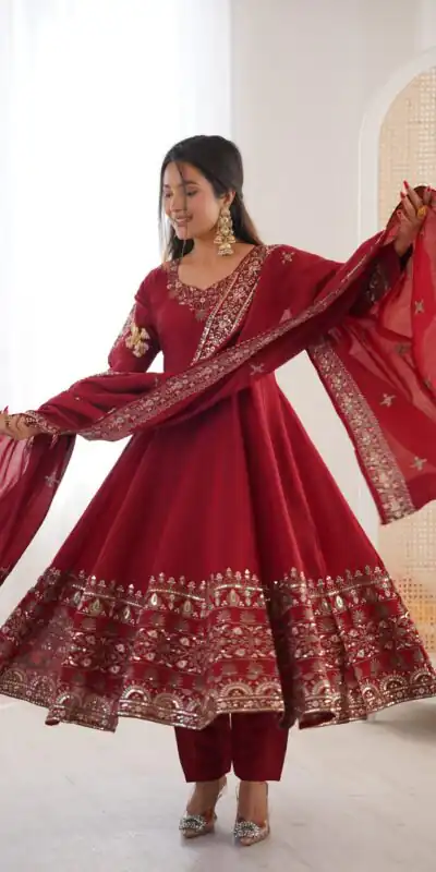 ZF 5016 Maroon Roman Silk Gown with Embroidery Work. Wedding, Party, Festive, Events, Navratri, Exclusive Offer ₹2499. Delivery 4-6 Working Days. Shop now. | Gowns, Bollywood Gowns, Creative Gowns, Designer Gowns, Embroidered Gowns, Party Wear Gowns