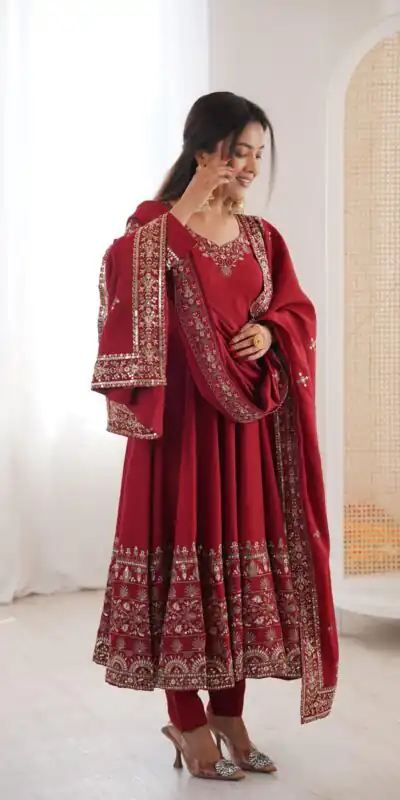 ZF 5016 Maroon Roman Silk Gown with Embroidery Work. Wedding, Party, Festive, Events, Navratri, Exclusive Offer ₹2499. Delivery 4-6 Working Days. Shop now. | Gowns, Bollywood Gowns, Creative Gowns, Designer Gowns, Embroidered Gowns, Party Wear Gowns