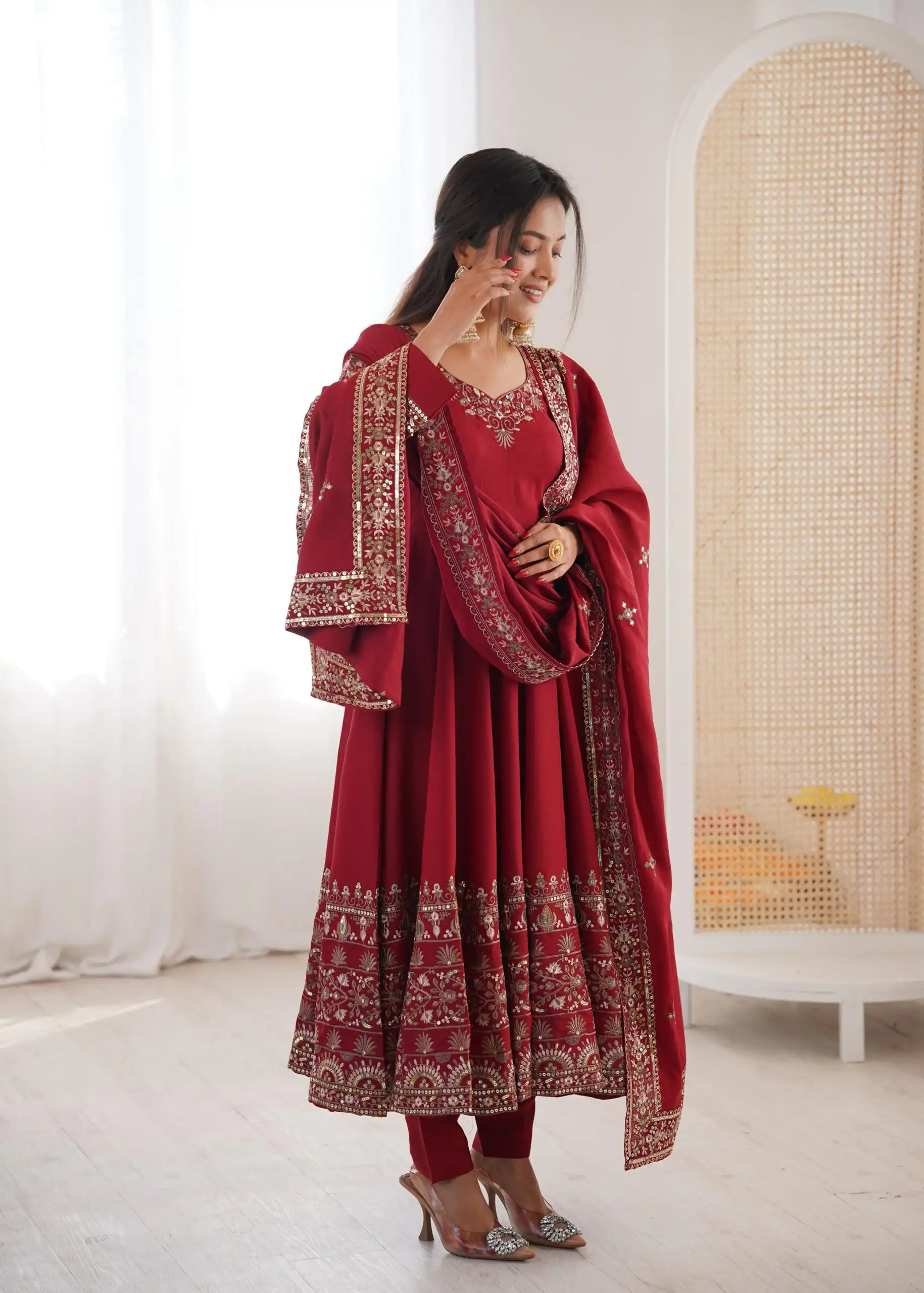 ZF 5016 Maroon Roman Silk Gown with Embroidery Work. Wedding, Party, Festive, Events, Navratri, Exclusive Offer ₹2499. Delivery 4-6 Working Days. Shop now. | Gowns, Bollywood Gowns, Creative Gowns, Designer Gowns, Embroidered Gowns, Party Wear Gowns