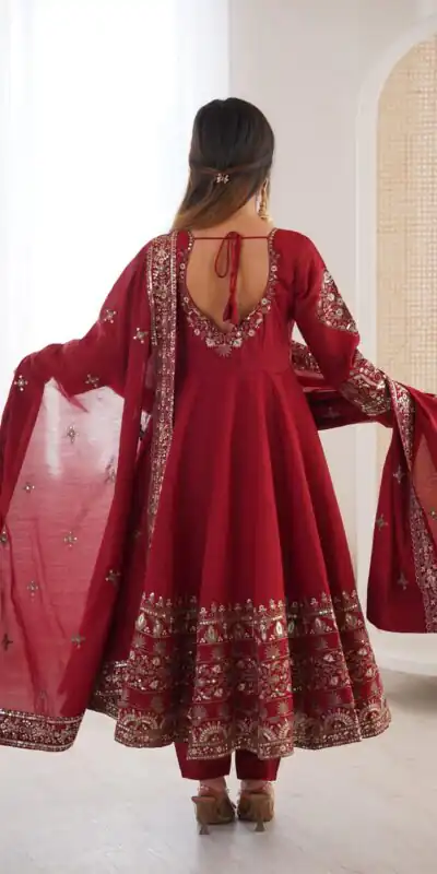 ZF 5016 Maroon Roman Silk Gown with Embroidery Work. Wedding, Party, Festive, Events, Navratri, Exclusive Offer ₹2499. Delivery 4-6 Working Days. Shop now. | Gowns, Bollywood Gowns, Creative Gowns, Designer Gowns, Embroidered Gowns, Party Wear Gowns