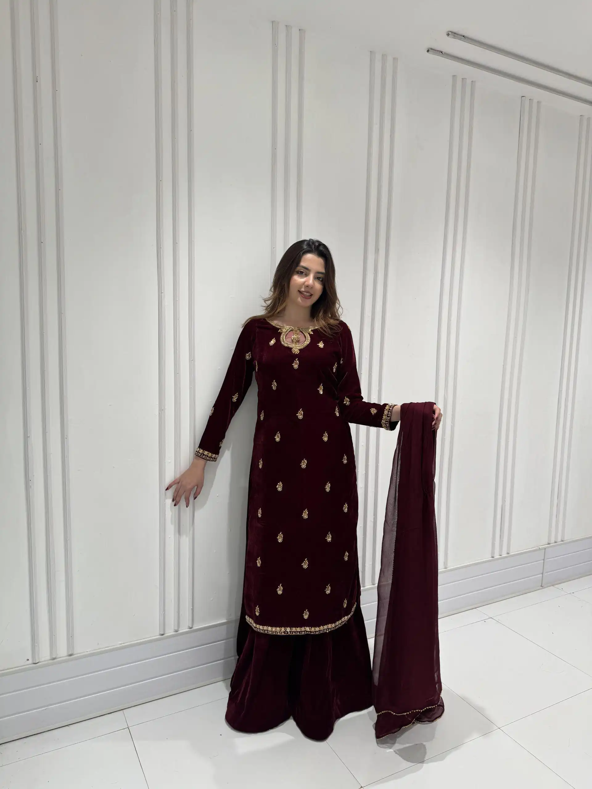 Maroon Velvet Embroidery Work Salwar Suit - Image 8