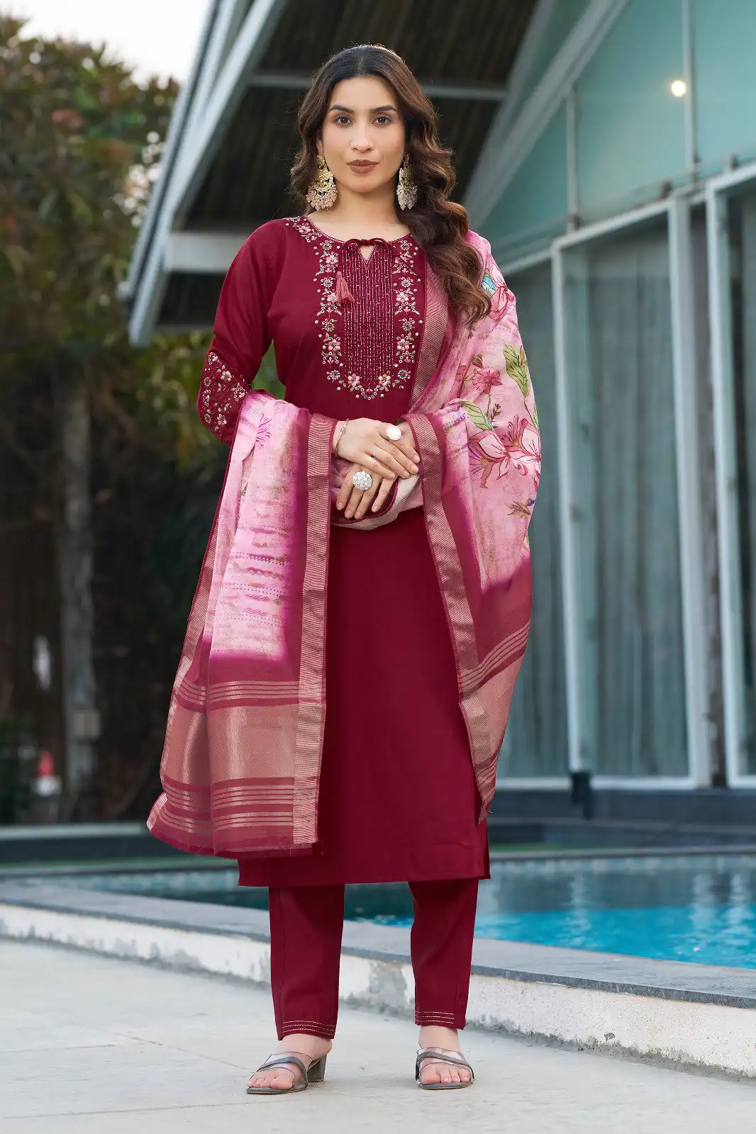 DIVA 115 Maroon Viscose Silk Salwar Suit with Digital Print & Embroidery Work. Festive Deal ₹2049. Delivery 4-6 Working Days. Shop now. | Jump Suits, Salwar suit, Designer Suits, Casual Suits, Creative suits, Palazzo Suits, Party Wear Suits, Patiala Suits, Straight Suits