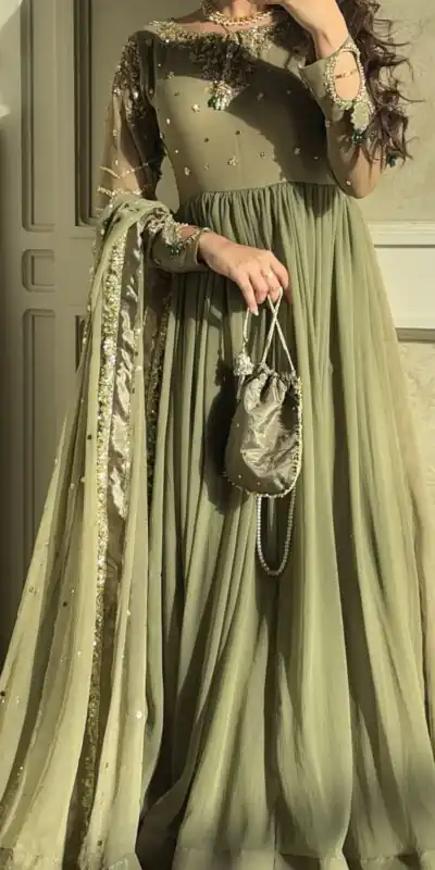 JF 014 Mehendi Faux Georgette Sequence Work Gown Gown. Wedding, Party, Festive, Events Grab it for ₹1949. Delivery 4-6 Working Days. Shop now. | Gowns, Bollywood Gowns, Creative Gowns, Designer Gowns, Embroidered Gowns, Party Wear Gowns