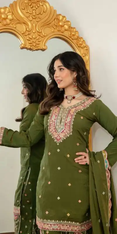 WW 6007 Mehendi Vichitra Silk Salwar Suit with Embroidery Work. Wedding, Party, Festive, Events, Grab it for ₹2599. Delivery 4-6 Working Days. Shop now. | Jump Suits, Salwar suit, Designer Suits, Casual Suits, Creative suits, Palazzo Suits, Party Wear Suits, Patiala Suits, Straight Suits