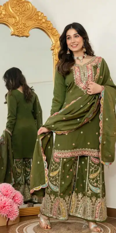 WW 6007 Mehendi Vichitra Silk Salwar Suit with Embroidery Work. Wedding, Party, Festive, Events, Grab it for ₹2599. Delivery 4-6 Working Days. Shop now. | Jump Suits, Salwar suit, Designer Suits, Casual Suits, Creative suits, Palazzo Suits, Party Wear Suits, Patiala Suits, Straight Suits