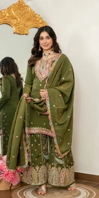 WW 6007 Mehendi Vichitra Silk Salwar Suit with Embroidery Work. Wedding, Party, Festive, Events, Grab it for ₹2599. Delivery 4-6 Working Days. Shop now. | Jump Suits, Salwar suit, Designer Suits, Casual Suits, Creative suits, Palazzo Suits, Party Wear Suits, Patiala Suits, Straight Suits