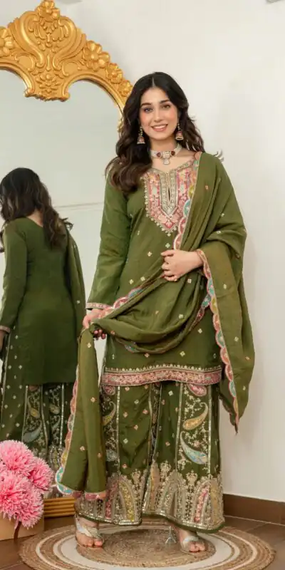 WW 6007 Mehendi Vichitra Silk Salwar Suit with Embroidery Work. Wedding, Party, Festive, Events, Grab it for ₹2599. Delivery 4-6 Working Days. Shop now. | Jump Suits, Salwar suit, Designer Suits, Casual Suits, Creative suits, Palazzo Suits, Party Wear Suits, Patiala Suits, Straight Suits