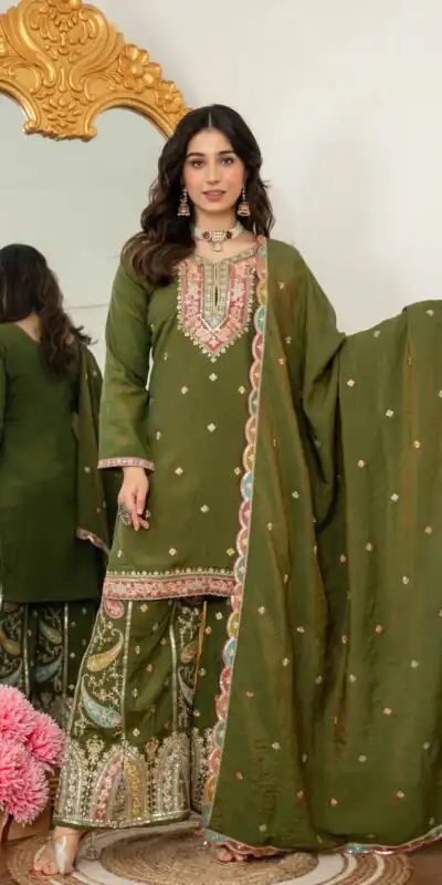 WW 6007 Mehendi Vichitra Silk Salwar Suit with Embroidery Work. Wedding, Party, Festive, Events, Grab it for ₹2599. Delivery 4-6 Working Days. Shop now. | Jump Suits, Salwar suit, Designer Suits, Casual Suits, Creative suits, Palazzo Suits, Party Wear Suits, Patiala Suits, Straight Suits