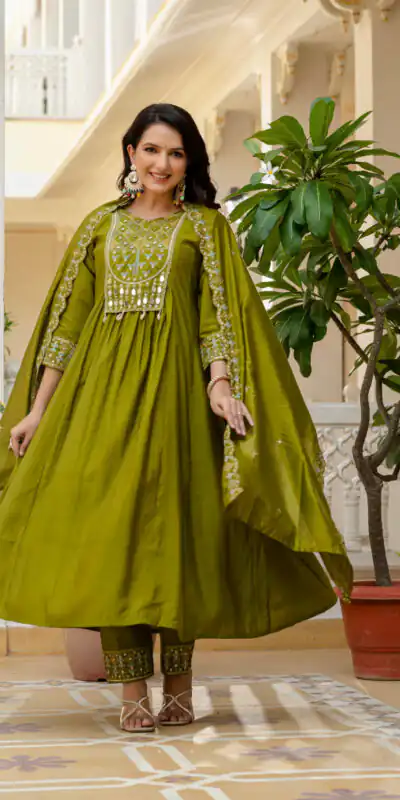Mehendi Viscose Roman Silk Mirror Work Anarkali Suit