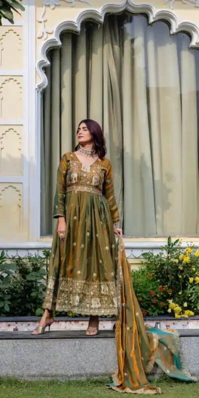 RR 38 Mustered Fendy Satin Gown Perfect for Wedding, Party, Pongal, Makar Sankranti, Ganesh Chaturthi – . Available at ₹2649 only. Delivery 4-6 Wor | Gowns, Bollywood Gowns, Creative Gowns, Designer Gowns, Embroidered Gowns, Party Wear Gowns