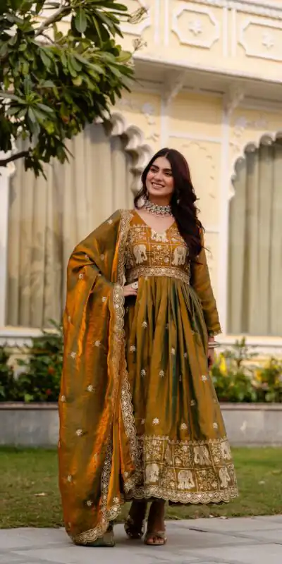 RR 38 Mustered Fendy Satin Gown Perfect for Wedding, Party, Pongal, Makar Sankranti, Ganesh Chaturthi – . Available at ₹2649 only. Delivery 4-6 Wor | Gowns, Bollywood Gowns, Creative Gowns, Designer Gowns, Embroidered Gowns, Party Wear Gowns