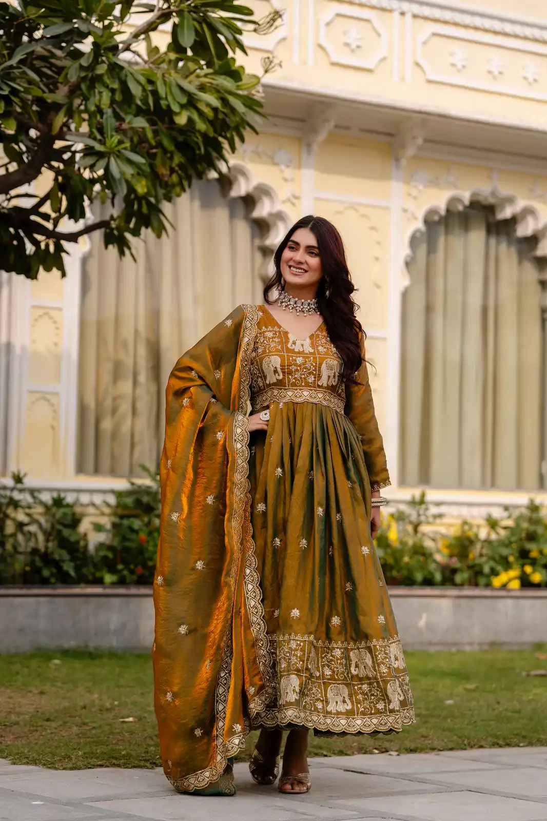 RR 38 Mustered Fendy Satin Gown Perfect for Wedding, Party, Pongal, Makar Sankranti, Ganesh Chaturthi – . Available at ₹2649 only. Delivery 4-6 Wor | Gowns, Bollywood Gowns, Creative Gowns, Designer Gowns, Embroidered Gowns, Party Wear Gowns