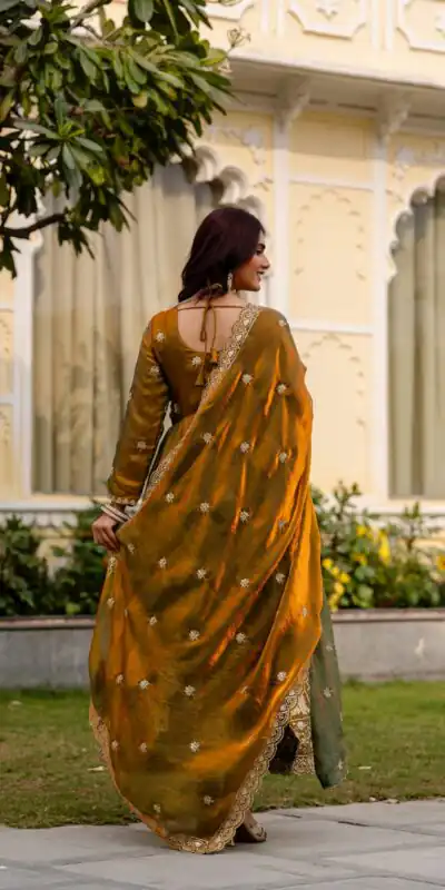 RR 38 Mustered Fendy Satin Gown Perfect for Wedding, Party, Pongal, Makar Sankranti, Ganesh Chaturthi – . Available at ₹2649 only. Delivery 4-6 Wor | Gowns, Bollywood Gowns, Creative Gowns, Designer Gowns, Embroidered Gowns, Party Wear Gowns